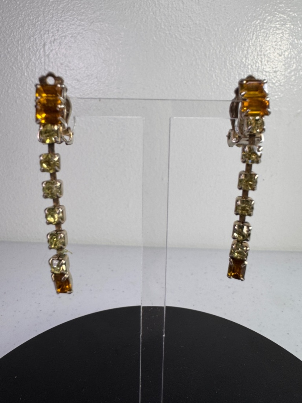 Vintage Amber & Clear crystal Rhinestone Clip-On Drop Earrings + Velvet Gift Bag